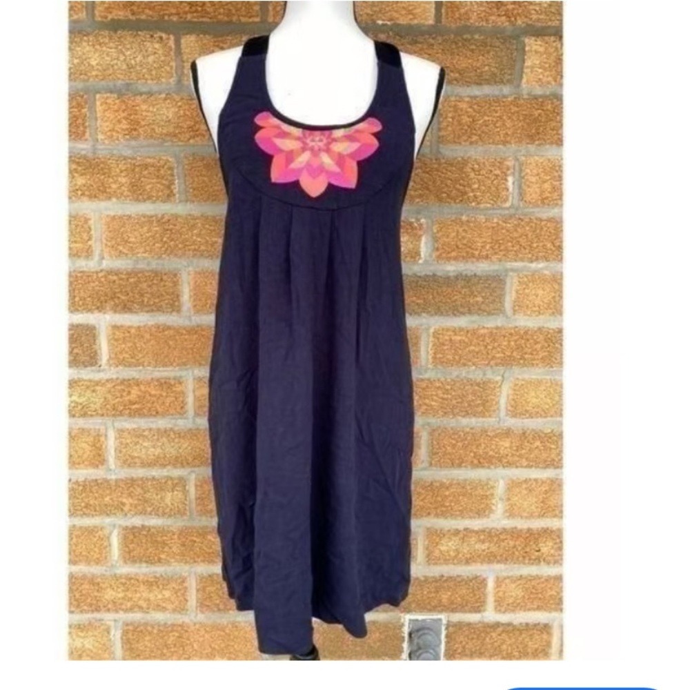 Julie Brown Halter Embroidered Linen Blend‎ Dress Womens M Navy Blue